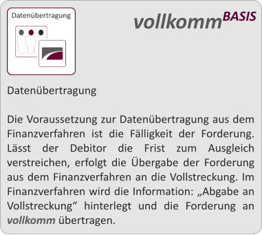 Datenbertragung  Die Voraussetzung zur Datenbertragung aus dem Finanzverfahren ist die Flligkeit der Forderung. Lsst der Debitor die Frist zum Ausgleich verstreichen, erfolgt die bergabe der Forderung aus dem Finanzverfahren an die Vollstreckung. Im Finanzverfahren wird die Information: Abgabe an Vollstreckung hinterlegt und die Forderung an vollkomm bertragen.  vollkommBASIS